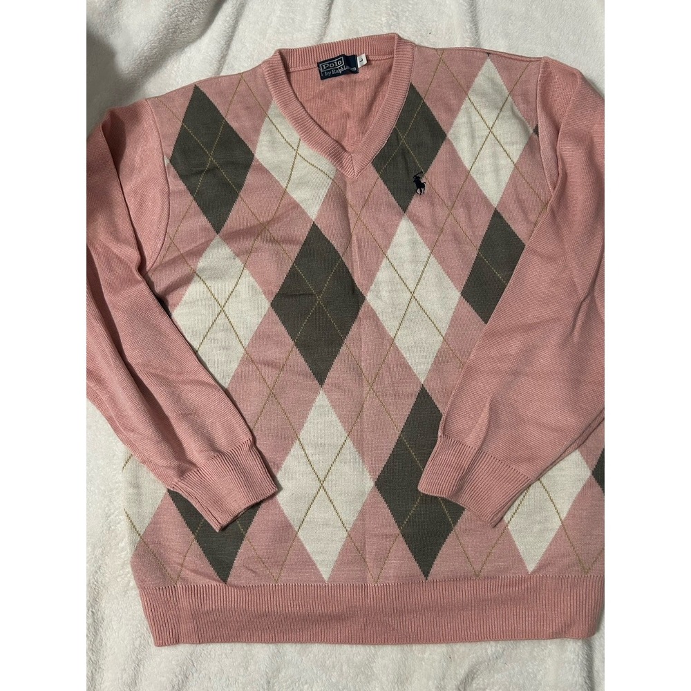 Polo Ralph Lauren Mens Large Pink Argyle V Neck Sweater Preppy Golf Pony